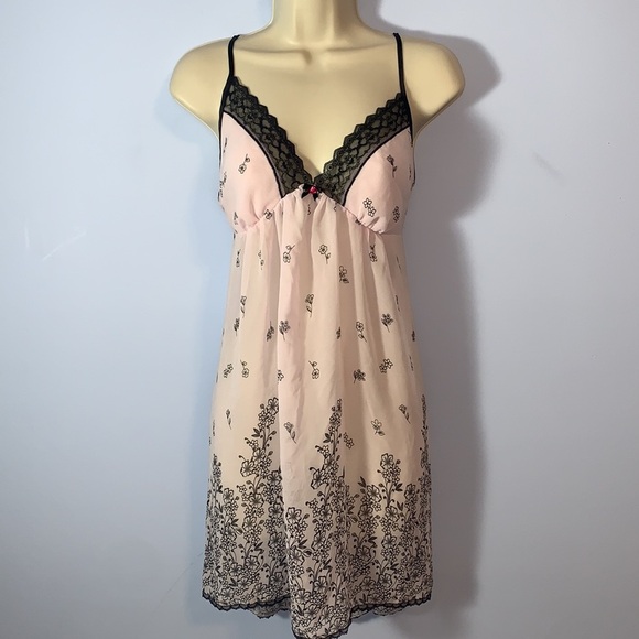 Apt. 9 babydoll nightie slip dress teddy cami baby pink black lace floral size L - Picture 1 of 9